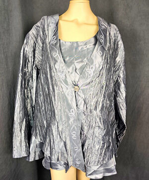 3 Pc Set Metallic Silver Gray Crinkle Jacket Tiered Tank Skirt Outfit Plus 4X